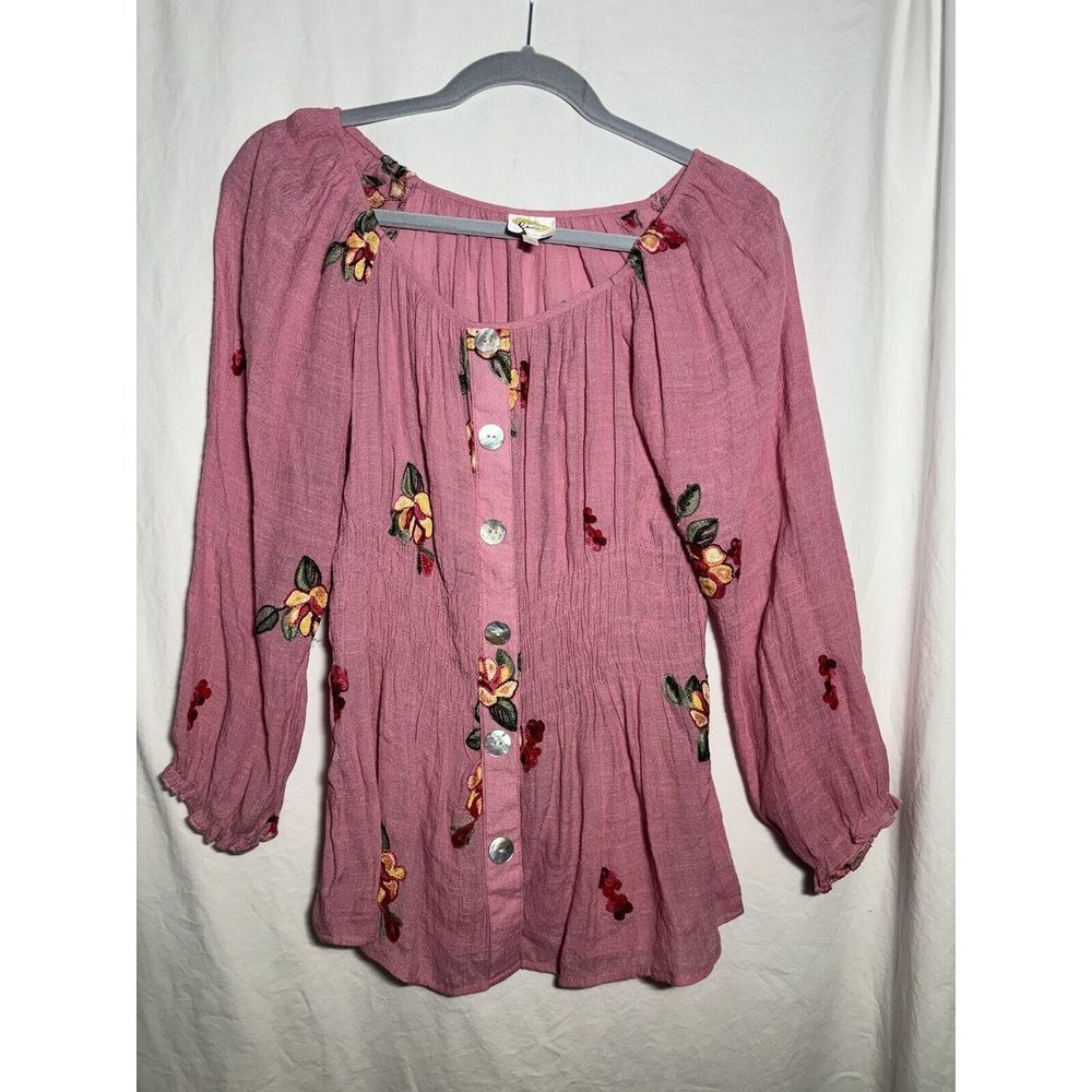 Anthropologie Fig & Flower Women Top Blouse Size S Pink Embroidered Top EUC R27
